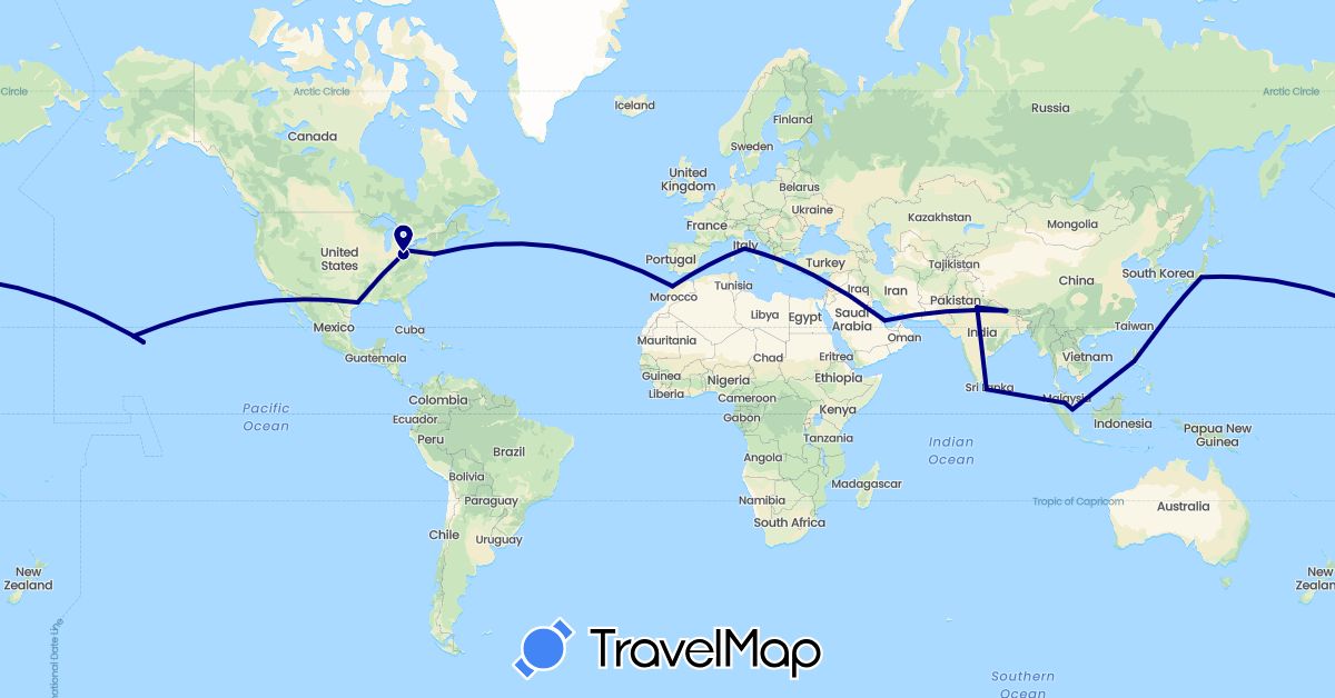 TravelMap itinerary: driving in India, Italy, Japan, Sri Lanka, Morocco, Malaysia, Nepal, Philippines, Qatar, Singapore, United States (Africa, Asia, Europe, North America)